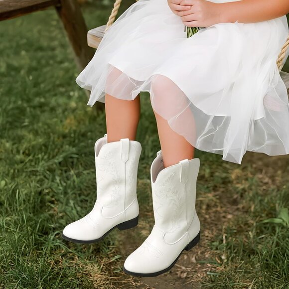 Kids Dark White  Toddler Little Cowboy Western Square Toe Riding Calf Boots - Picture 3 of 6